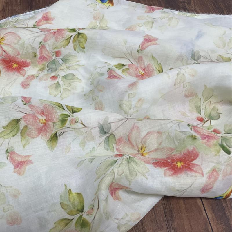 布久以逅数码印花苎麻印染布料做裙子亚麻服装面料 杜鹃花开