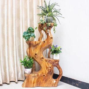 实木根雕花架天然香樟木阳台多层花架子室内原木客厅整体根艺中式