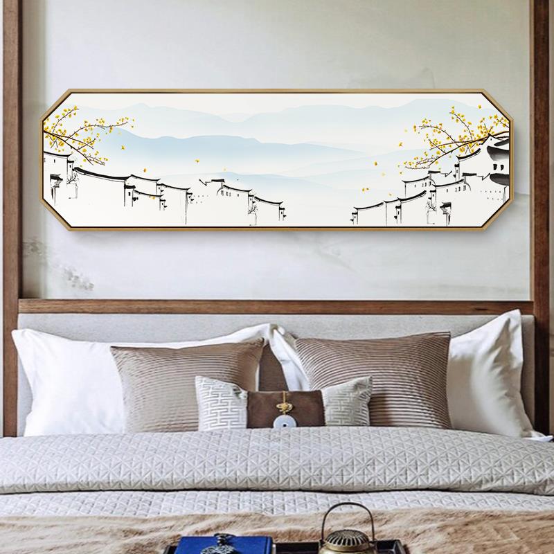徽派建筑挂画八边形新中式客厅卧室床头背景墙装饰画江南水乡壁画图片