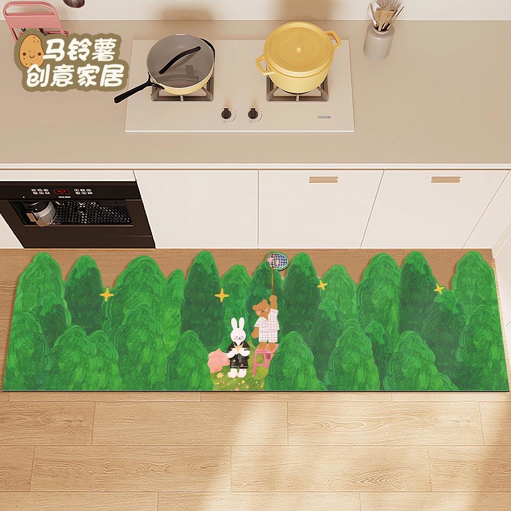 绿色森林厨房地垫免洗可擦长条地毯家用吸水皮革防滑脚垫自由裁剪