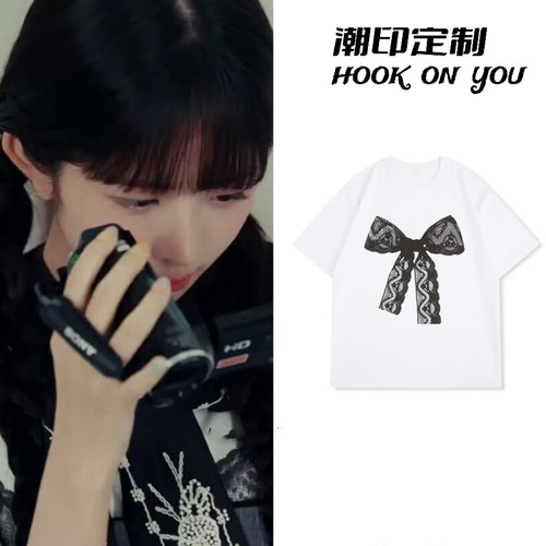 IVE直井怜rei怜同款蝴蝶结印花纯棉短袖25年夏季甜美风t恤上衣女