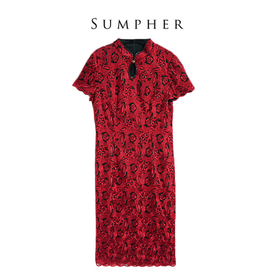 【六礼】精选品牌女装高端时尚气质百搭黑红花色连衣裙17085