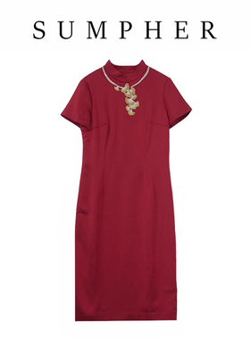 【六礼】精选品牌女装高端时尚气质百搭酒红连衣裙-17093