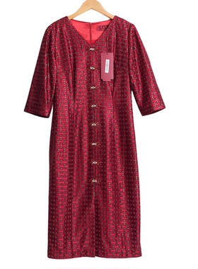 【六礼】A3品牌折扣女装高端洋气百搭气质通勤酒红色连衣裙-17069