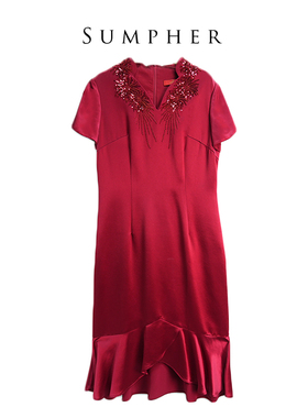 【六礼】A3品牌折扣女装高端洋气百搭气质通勤酒红色连衣裙-17339