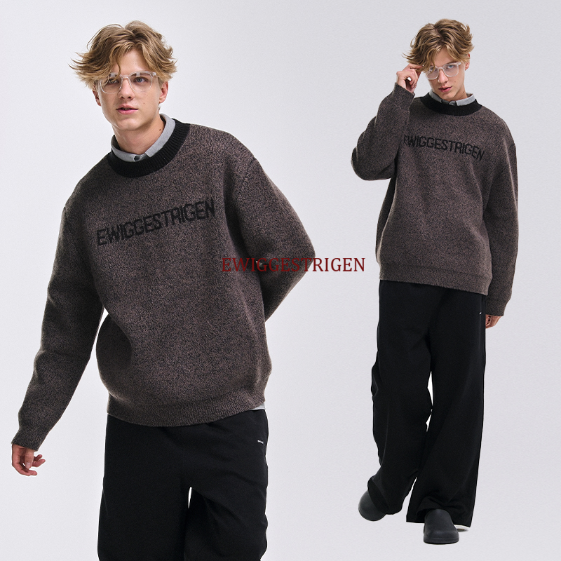 EWIGGESTRIGEN 加厚撞色领口花纱圆领毛衣男秋冬国潮宽松保暖外套