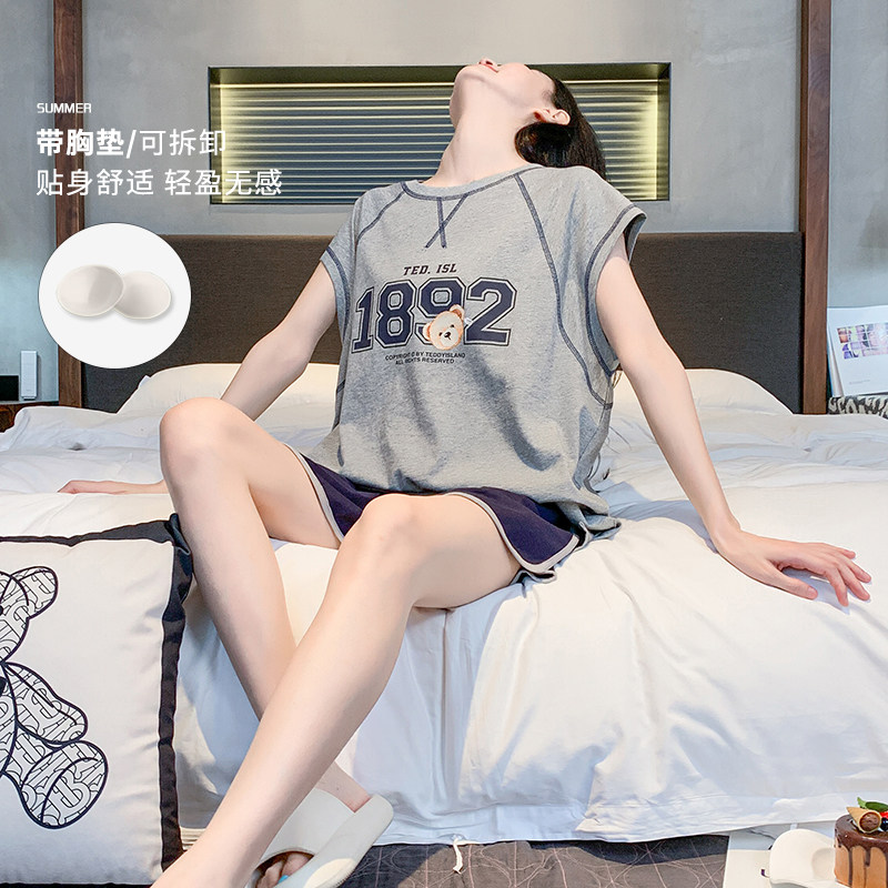 带胸垫睡衣女夏季薄款纯棉背心短裤新款家居服可外穿宽松大码套装