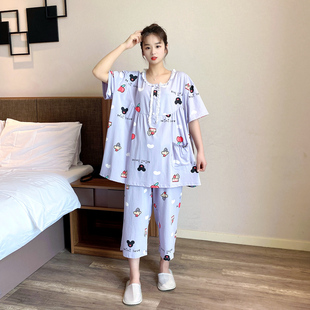 大码胖mm纯棉睡衣女夏季短袖卡通甜美七分裤200斤孕妇家居服套装