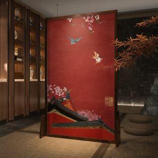 实木屏风隔断客厅茶室进门玄关装 新中式 饰遮挡屏障中国红移动座屏