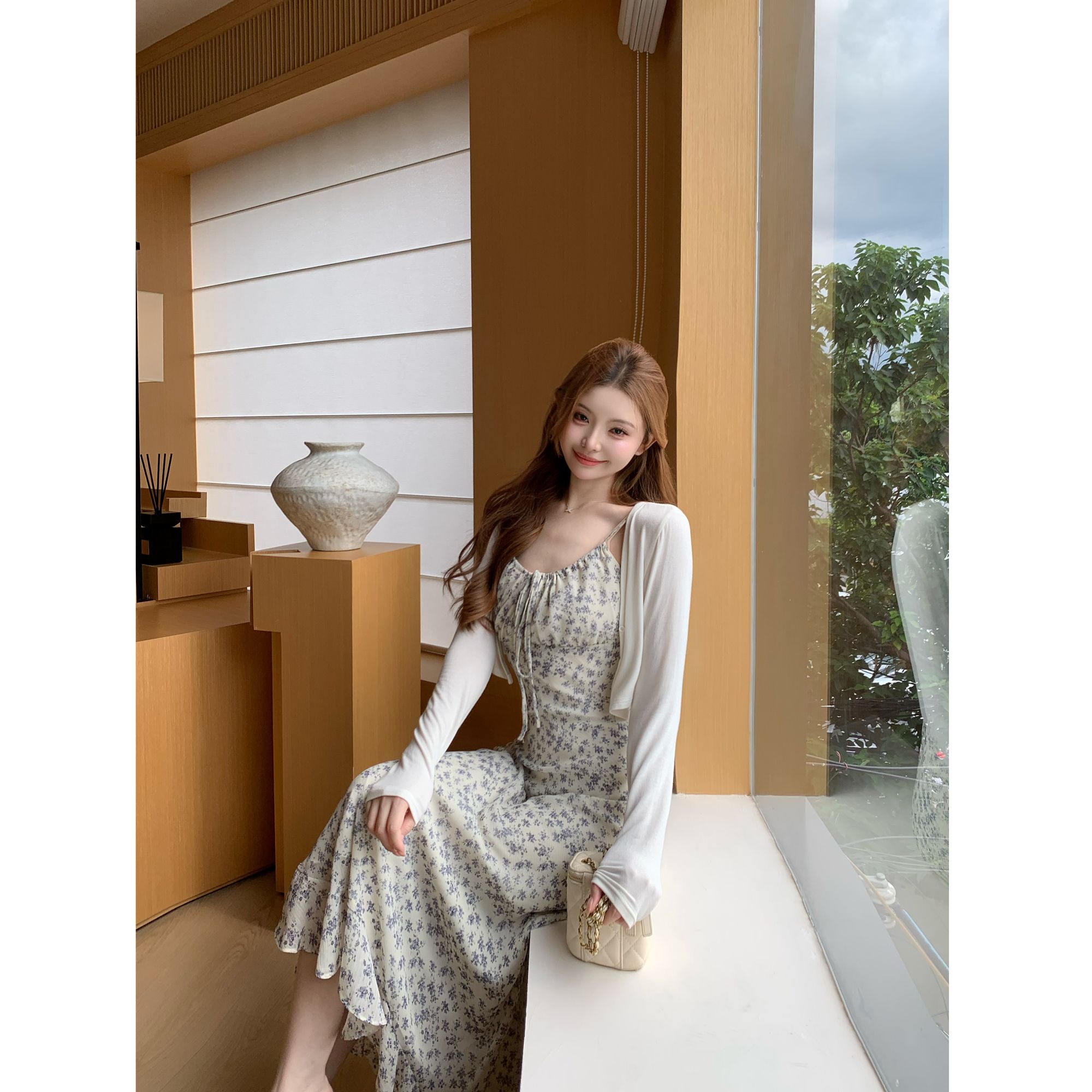 SZA【宁静一夏】蓝色碎花吊带连衣裙夏季收腰抹胸鱼尾长裙A-3123图片