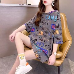 中长款宽松韩版印花上衣2024新款夏季大码t恤女短袖大码女装显瘦