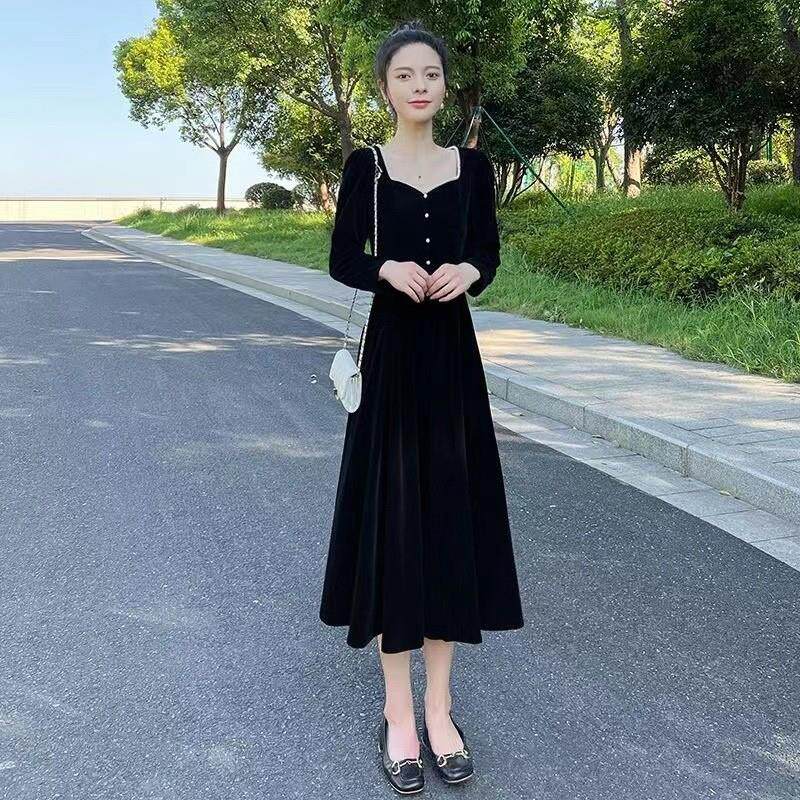 法式优雅秋冬金丝绒连衣裙女赫本连衣裙