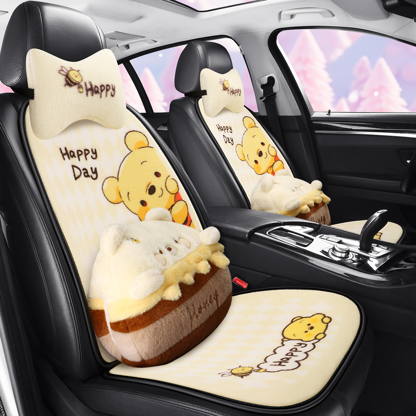 格子冬季毛绒汽车坐垫秋冬短毛保暖女士可爱卡通座垫半包车内车垫