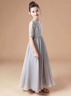 女童晚礼服速卖通2026新款儿童礼服公主裙灰色花童长款钢琴a4449