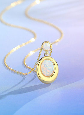 钻石之乡热销旦形蓝白欧泊项链925纯银镀18K金轻奢复古澳宝a2632