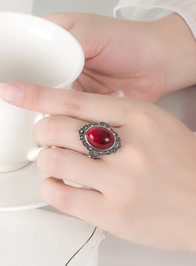 钻石之乡河南商丘泰银黑宝石戒指 银霸气戒指绿玫红蓝黄玉髓a2777