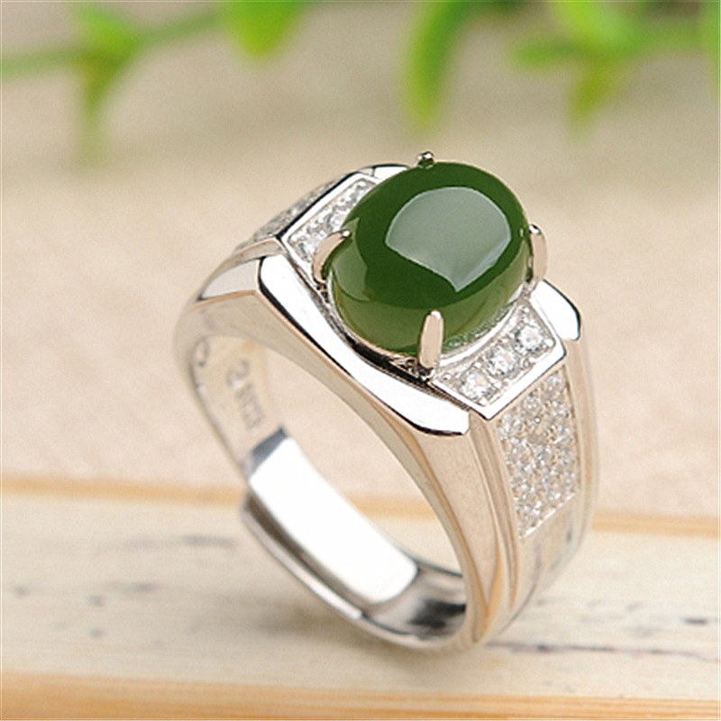 钻石之乡河南柘城河南人工钻石古朴雅致和田碧玉男女开口戒指银镶