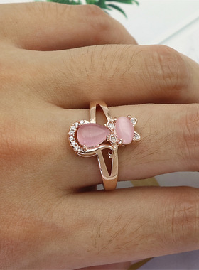 钻石之乡河南商丘wish玫瑰金猫戒指女天然粉水晶猫咪芙蓉宝a2659