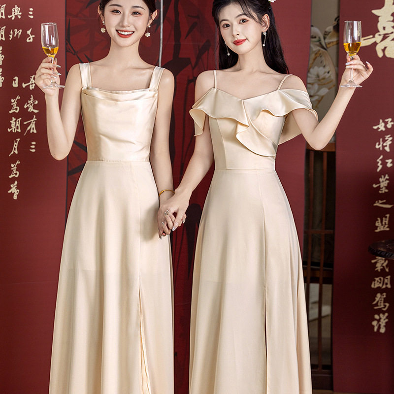 设计感姐妹团香槟色伴娘服缎面高级感显瘦小众日常可穿礼服a4738