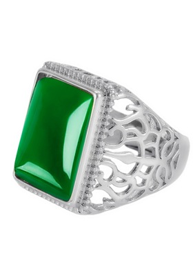 钻石之乡河南商丘气质长方形钻绿玉戒指 生命树镂空玛绿瑙戒a0213