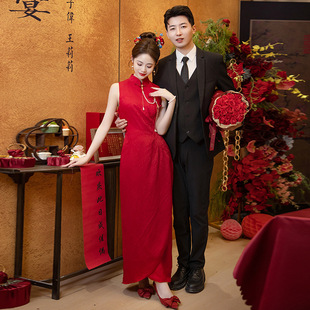 新中式敬酒服新娘晨袍2026新款酒红色无袖旗袍小个子订婚礼a4956