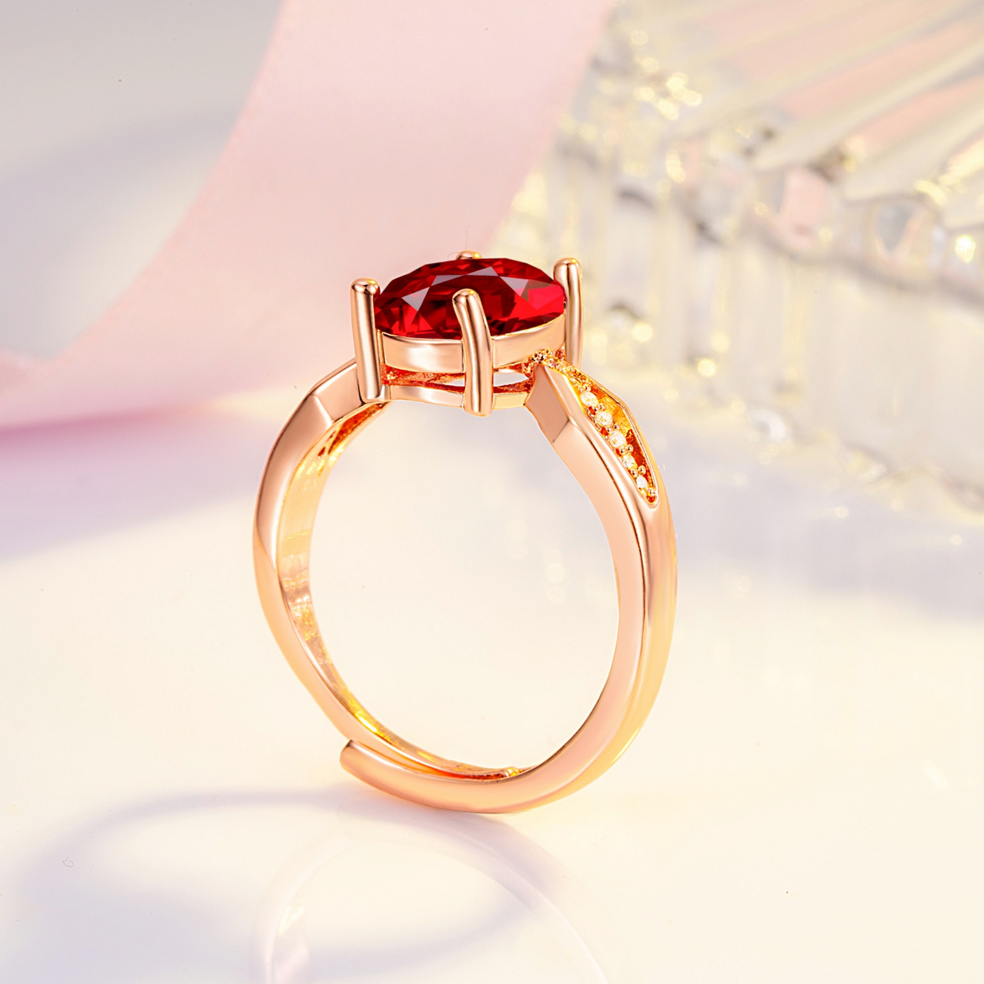 钻石之乡河南商丘高级感椭圆鸽血红高碳钻人造红石榴石戒指a1381