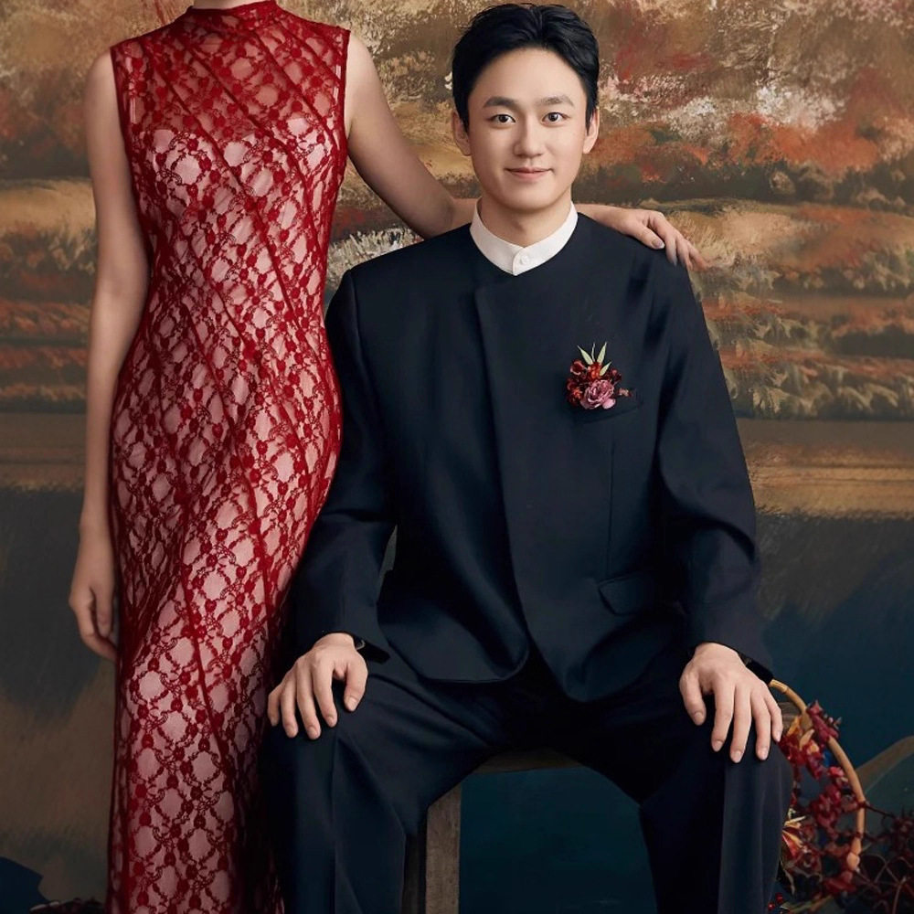 新中式痞帅西服套装男新郎订婚休闲斜领宽松西装外套高级感a4723