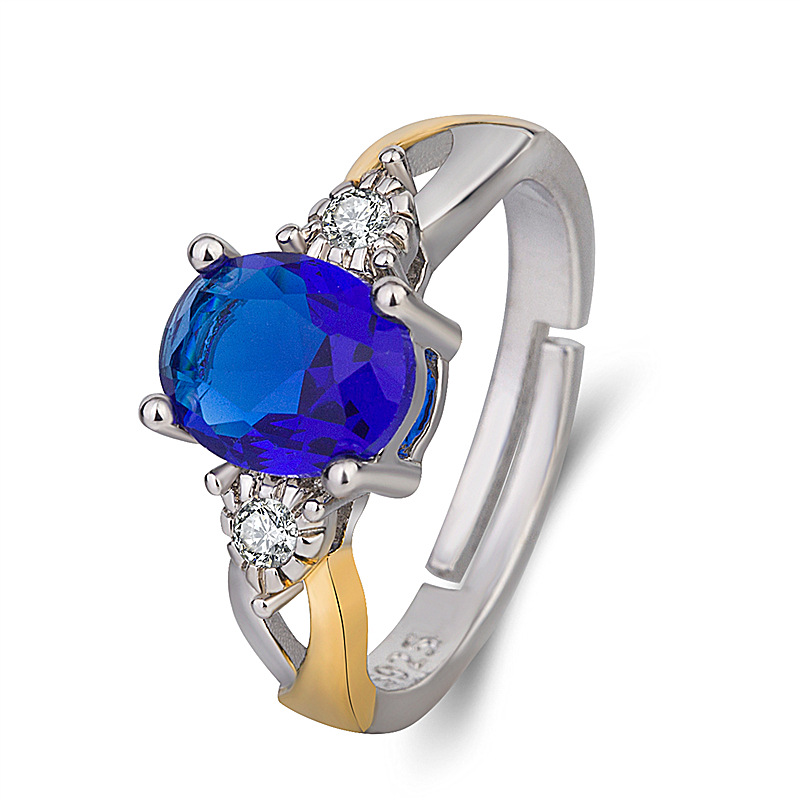 钻石之乡河南柘城河南人工钻石韩版坦桑石蓝宝石戒指 镀白金分色