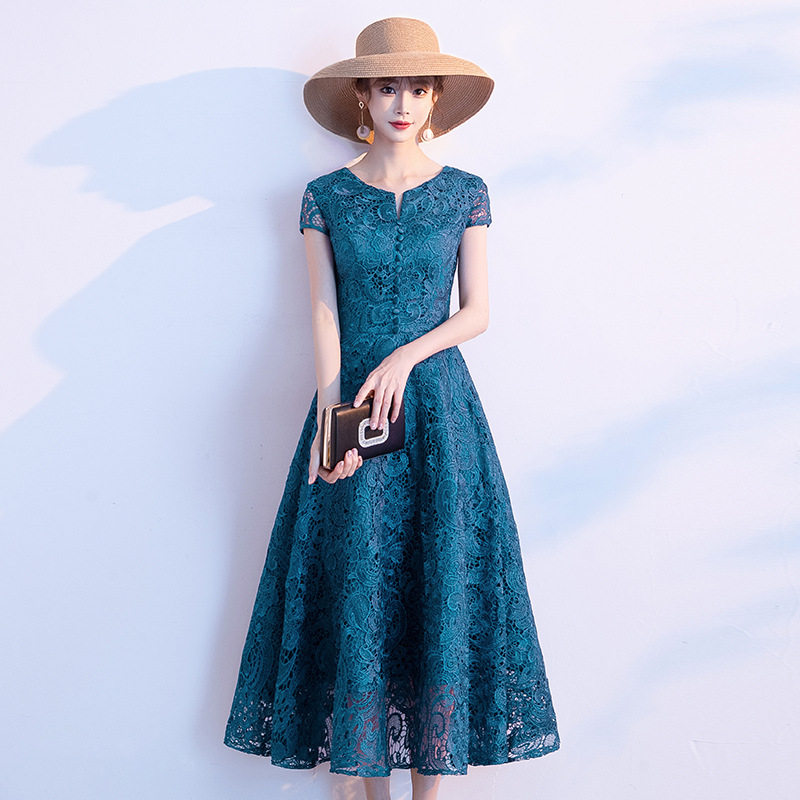 蕾丝晚礼服女平时可穿宴会端庄气质优雅简单大方大码连衣裙a4455