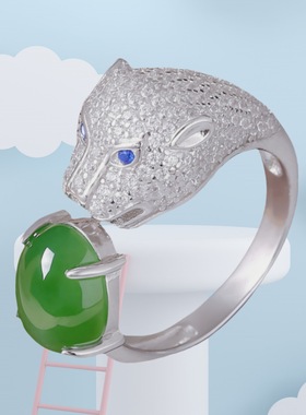 钻石之乡河南商丘满钻气质温润柔和绿玉豹子头戒指 开口镶玉a0194