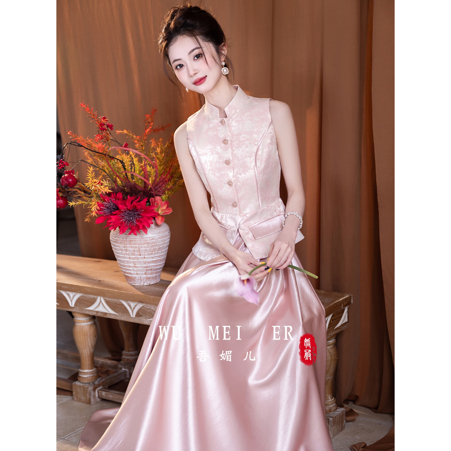 粉色订婚礼服裙2026年新款小礼服套装缎面结婚便装新中式日a4963