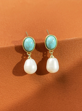 抖音爆款松石耳环项链吊坠套装女夏日百搭颈链可定厂家a3006