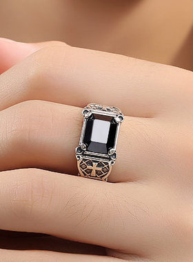 钻石之乡河南商丘潮流时尚泰银黑色玛瑙流行复古泰银戒指创a2446