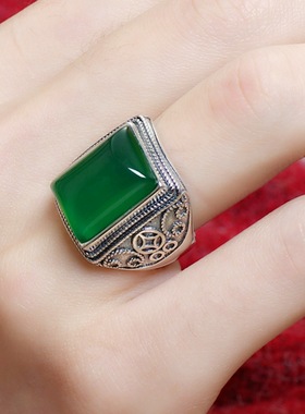 钻石之乡河南商丘镀泰银绿玉黑玛瑙戒指 开口复古宫廷风金钱a0137