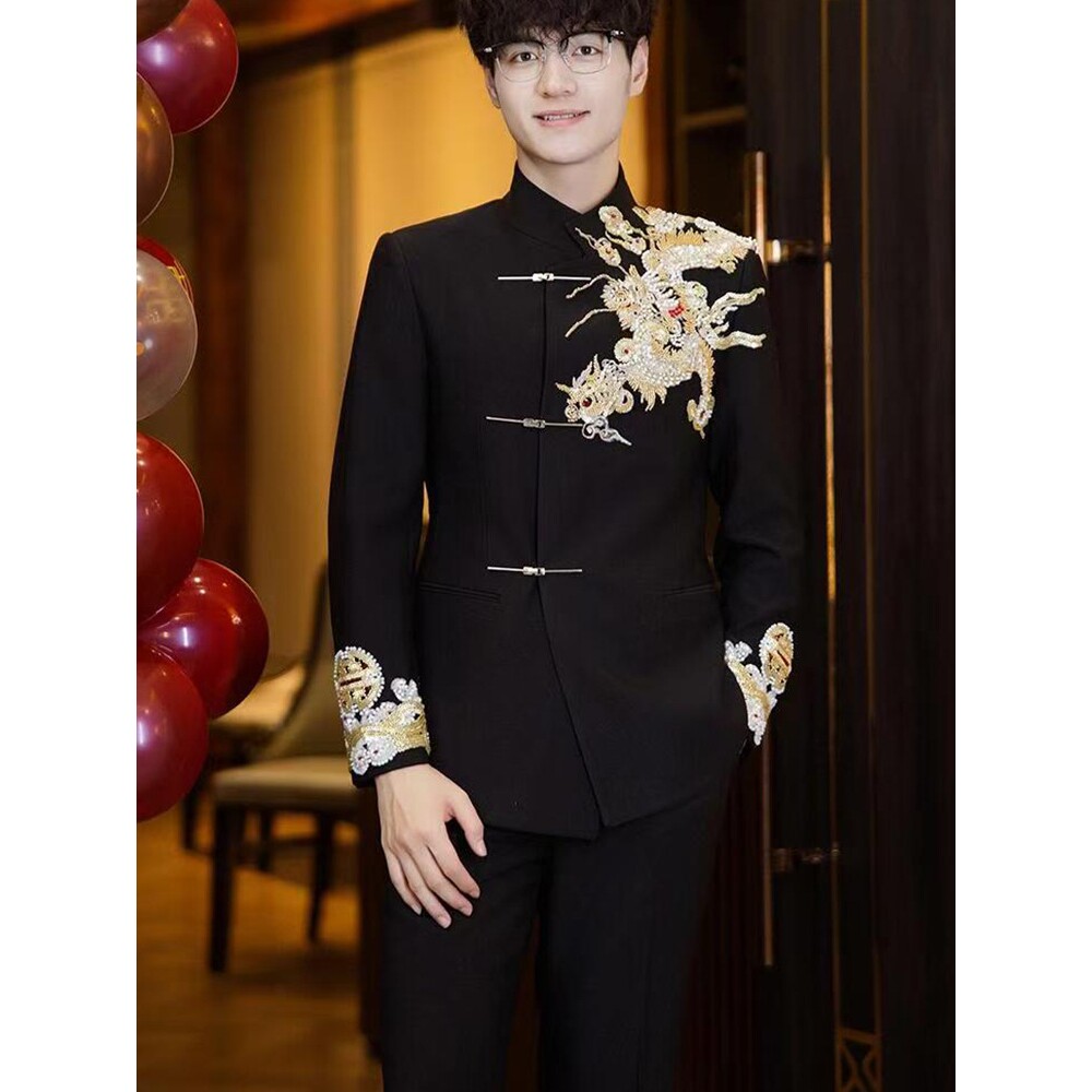 新中式中山装男士结婚套装黑色立领西装外套订婚新郎中式礼a4752