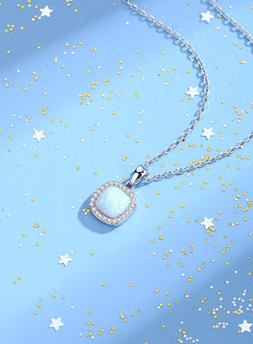 钻石之乡河南钻石镶钻圆角方欧泊吊坠项链女士S925纯银锆石a2608