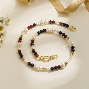 黑色红色玛瑙不规则串珠淡水珍珠项链女轻奢高级感锁骨链颈a2678