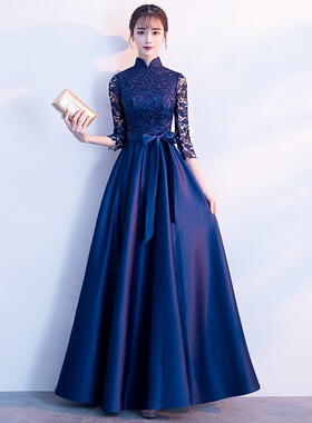 晚礼服女2026冬季新款宴会端庄优雅蓝色七分袖中式长款年会a4461