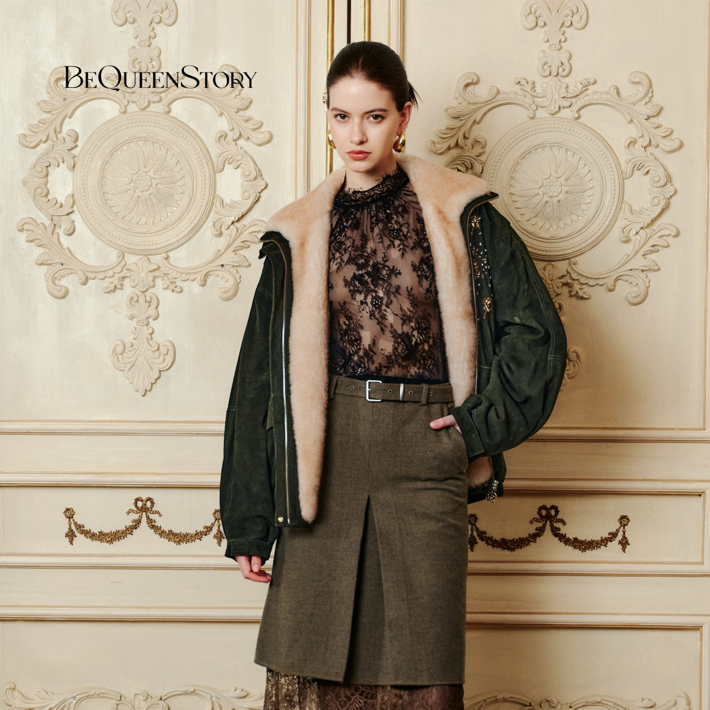 BeQueenStory25冬季新款绿羊皮革烫钻翻毛领酷感老钱皮草大衣外套,女装/女士精品,皮草,淘宝优惠券,粉丝福利购,淘宝优惠卷