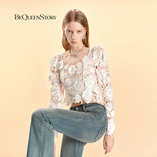 BeQueenStory纯净白方领镂空水溶立体蕾丝花卉不规则长袖 上衣