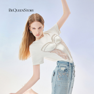 BeQueenStory2025新款 T恤上衣 白色原创设计感通勤OL蕾丝拼接短袖