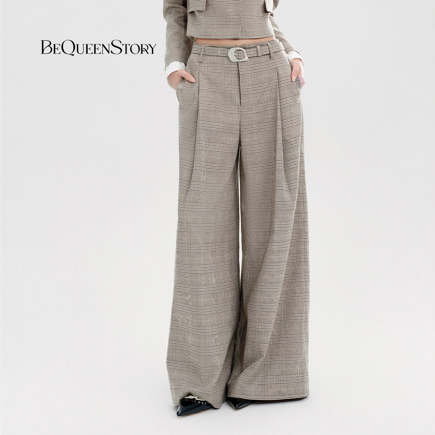 BeQueenStory26早春新款棕格纹高腰褶皱垂坠感阔腿休闲西装裤长裤,女装/女士精品,休闲裤,淘宝优惠券,粉丝福利购,淘宝优惠卷