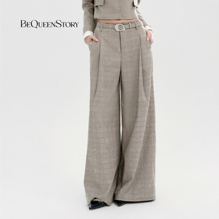 长裤 裤 棕格纹高腰褶皱垂坠感阔腿休闲西装 BeQueenStory26早春新款