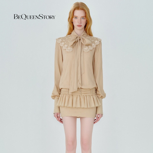 BeQueenStory26早春新款 连衣裙短裙 棕刺绣满钻系带蝴蝶结拼接衬衫