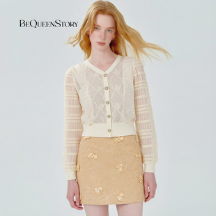 BeQueenStory白V领原创通勤拼接刺绣荷叶边针织雪纺衫 上衣 衬衫
