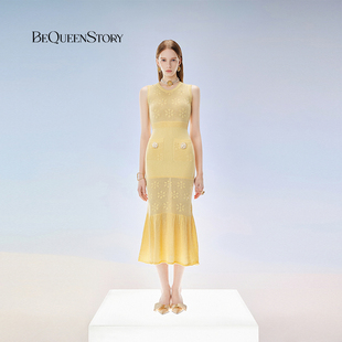 日光黄镂空优雅针织连衣裙 BeQueenStory2025春夏新款 约会穿搭