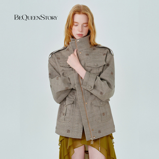 BeQueenStory26早春新款 棕格纹烫钻logo抽绳收腰设计感风衣外套