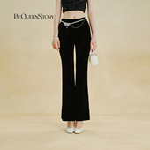BeQueenStory2025早秋新款 老钱静奢风垂坠感丝绒松弛感廓形微喇裤