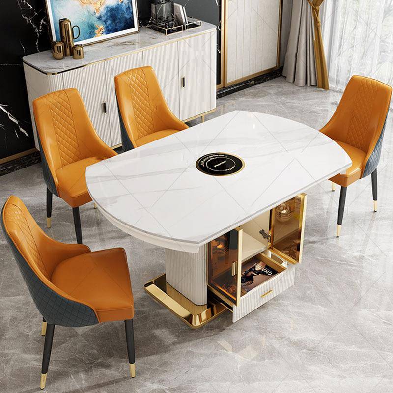 轻奢亮光岩板折叠电磁炉火锅转盘圆形餐桌方圆两用小户型实木饭桌