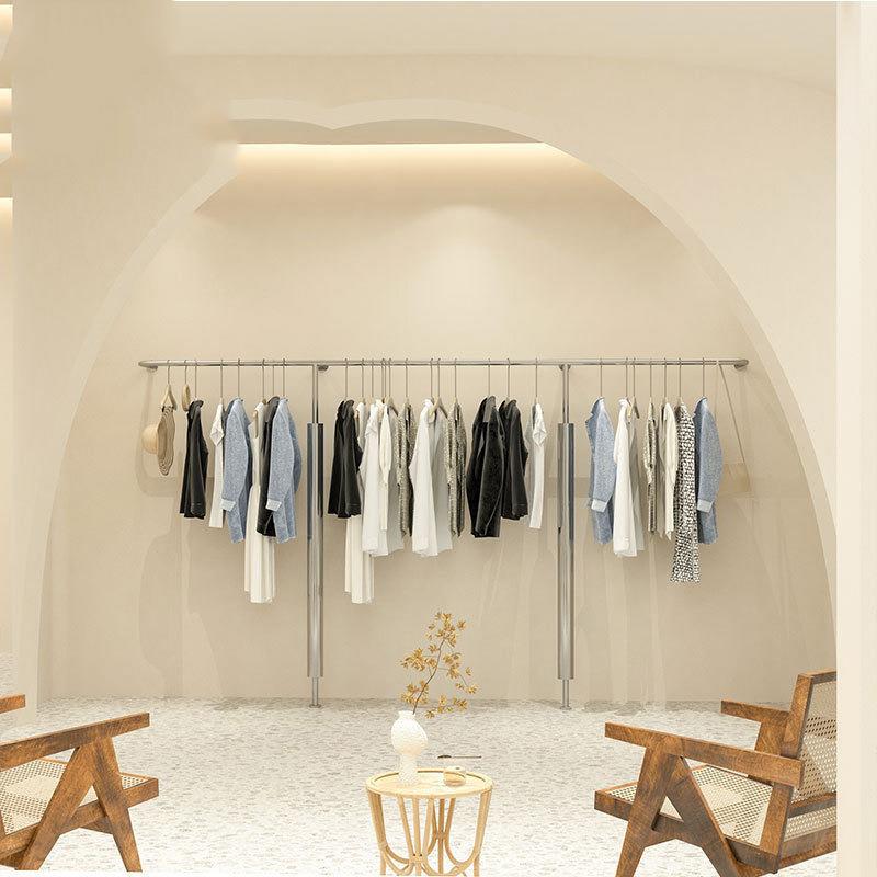 服装店衣帽银色不锈钢拉丝展示架上墙陈列货架落地式挂衣架